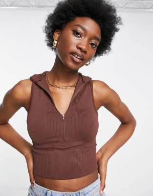 Stradivarius Half Zip Detail Ribbed Seamless Tank Top In Brown