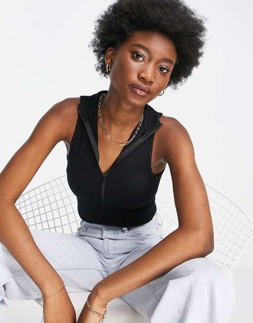 Stradivarius half zip detail ribbed seamless tank top in black
