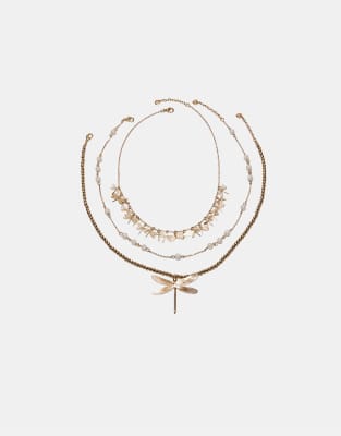 Stradivarius - Halsketten in Goldoptik mit Libellen-Design, 3er-Set-Gelb