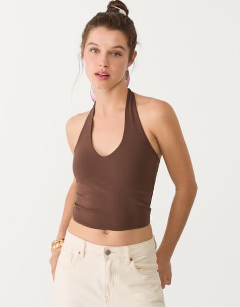 Stradivarius - Halter crop top in bruin - view 1