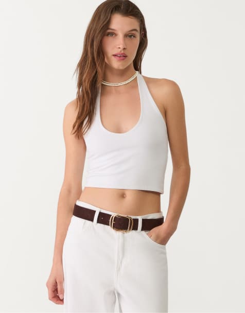 Stradivarius halter crop top in white - view 1