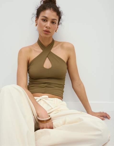 Stradivarius Halter cross-over top in khaki - view 1