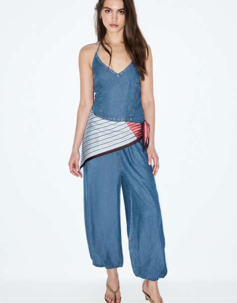 Stradivarius Halter denim jumpsuit with scarf in medium light blue denim - view 1