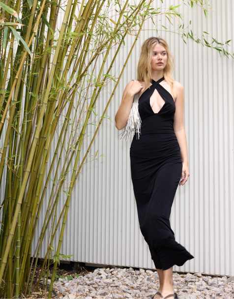 Stradivarius Halter neck backless midi dress in black