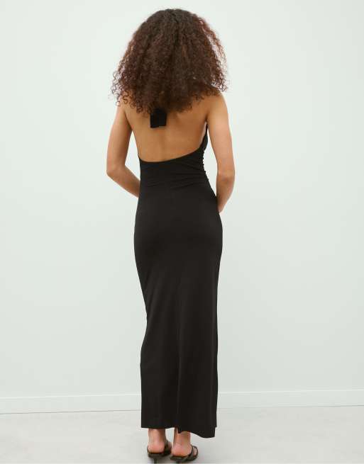 Stradivarius Halter neck backless midi dress in black | ASOS