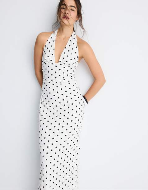 Stradivarius Halter neck backless midi dress in ecru - view 1