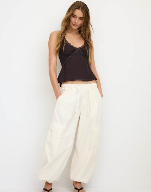 Stradivarius Halter neck top with lace trim in brown, 2 of 4