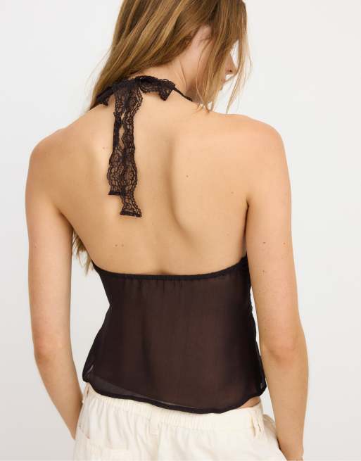 Stradivarius Halter neck top with lace trim in brown, 4 of 4