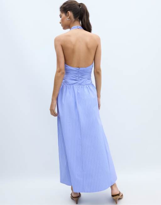 Stradivarius Halter poplin midi dress in blue, 3 of 4