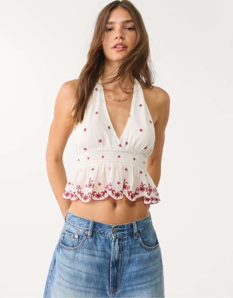 Stradivarius halter top with contrast embroidery in ecru - view 1