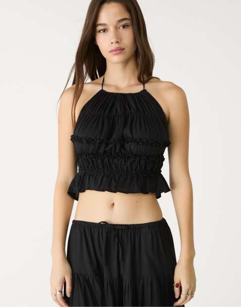 Stradivarius halter top with open back in black