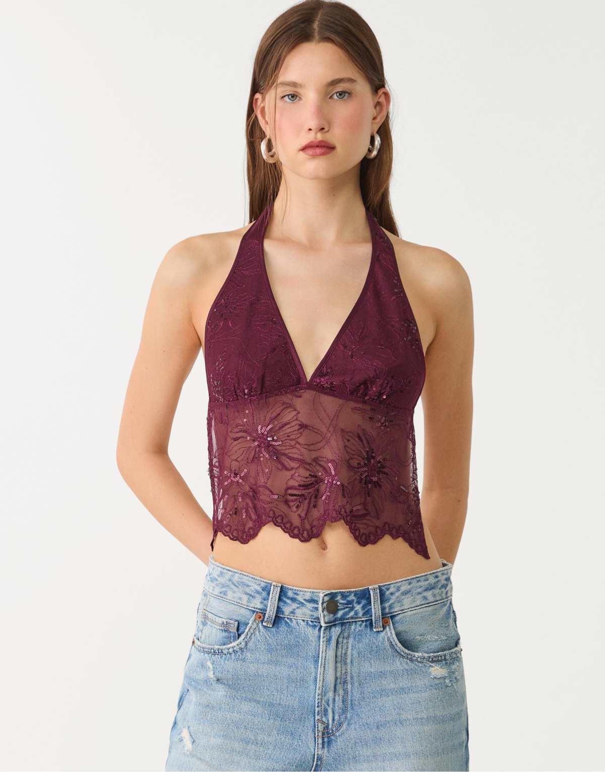 Stradivarius halter top with rhinestone embroidery in purple