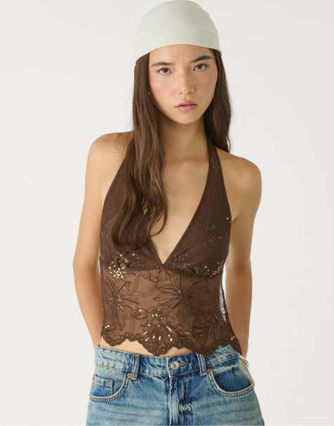 Stradivarius halter top with sequin embroidery in brown - view 1