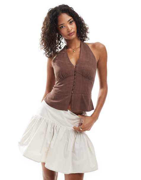 Stradivarius halterneck buttoned top in brown - view 1