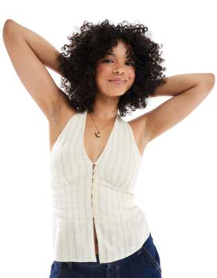 Stradivarius Halterneck Buttoned Top In White