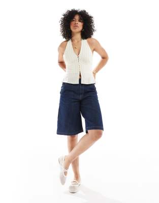 Stradivarius Halterneck Buttoned Top In White