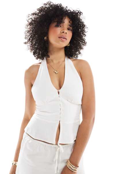 Stradivarius halterneck buttoned top in white - view 1