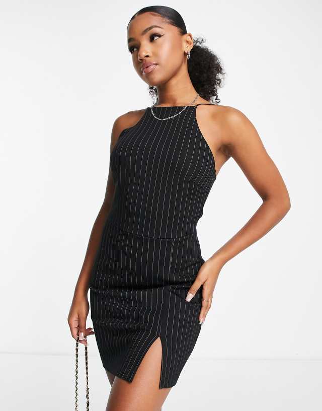 Stradivarius halterneck mini dress in black pinstripe