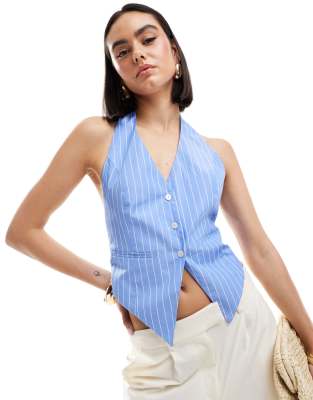 halterneck pinstripe vest in blue