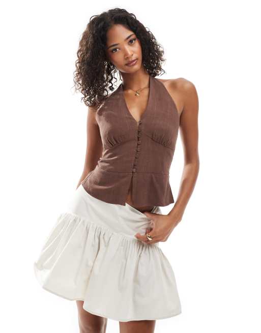 Stradivarius - Haltertop met knopen in bruin