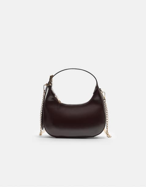 Stradivarius - Halvemaanvormige schoudertas met ketting in bruin - view 1