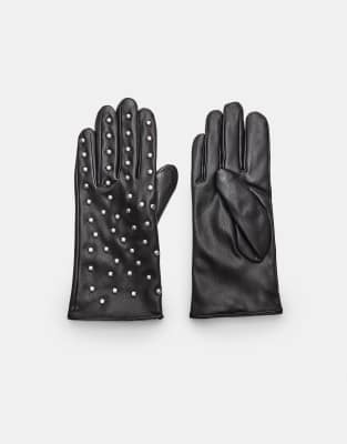 Stradivarius - Handschuhe in schwarzer Lederoptik mit Nieten