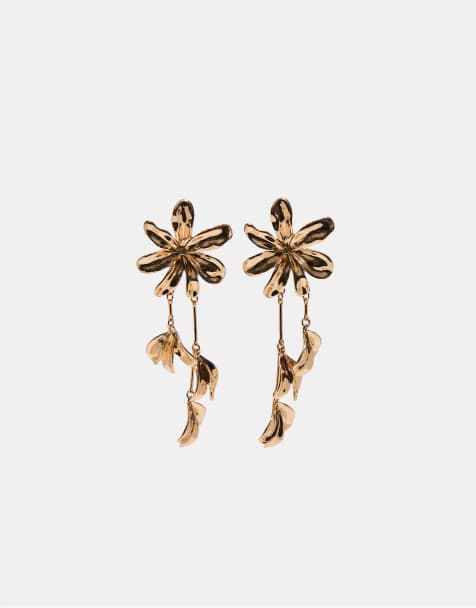 Stradivarius – Hängeohrringe in Gold-Optik mit Blumendesign - view 1