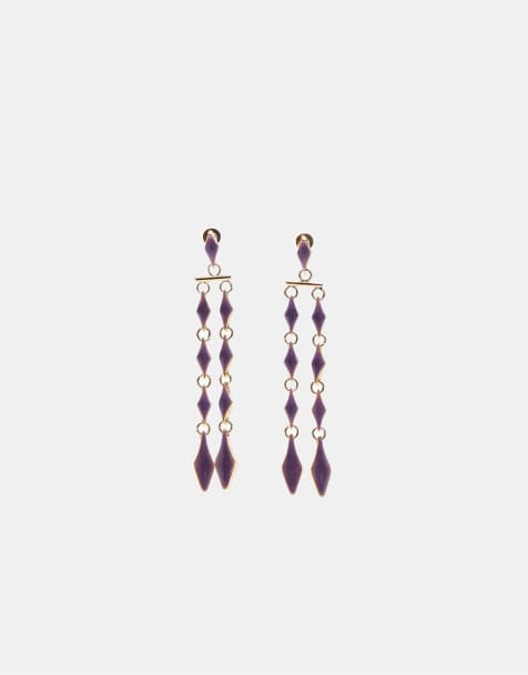 Stradivarius – Hängeohrringe mit rautenförmigen, emaillierten Verzierungen in Flieder - view 1