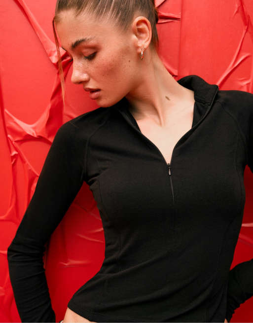 Stradivarius haut de running à manches longues et demi-zip noir, 4 de 7