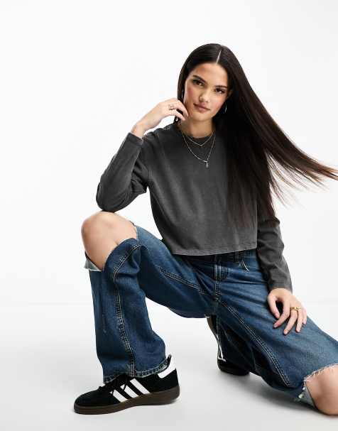Stradivarius heavyweight jersey top in acid wash charcoal - view 1