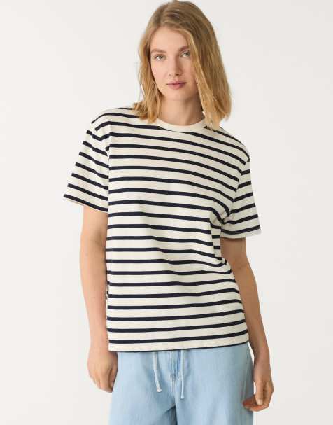 Stradivarius heavyweight striped boxy fit t-shirt in ecru - view 1