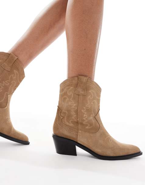 Stradivarius heeled leather ankle western boots in brown suede - view 1