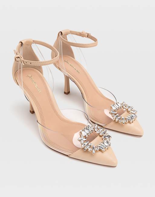 Stradivarius heeled slingback shoes with clear toe and diamante 