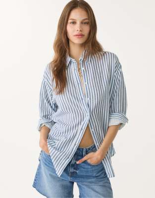 Stradivarius - Hemdbluse aus Leinenmix in Dunkelblau-Marineblau