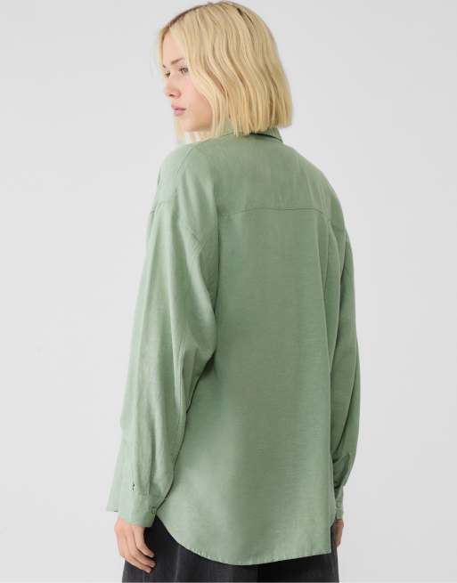 Stradivarius – Hemdbluse aus Leinenmix in Khaki, 4 von 4