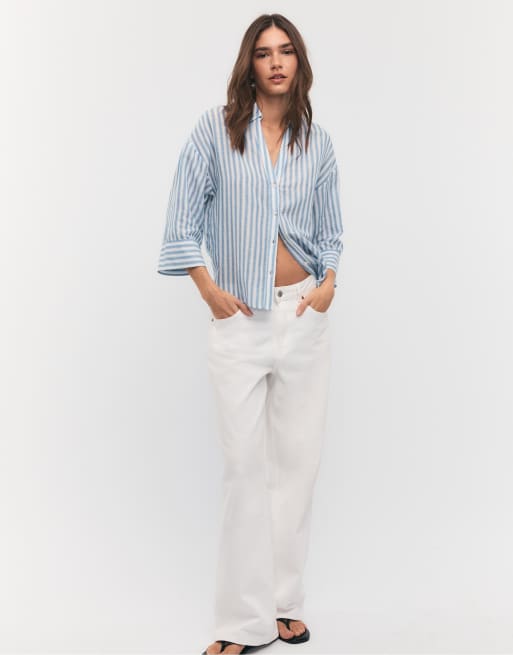 Stradivarius – Hemdbluse aus Leinenmix in Marineblau mit Kimono-Ärmeln, 2 von 4