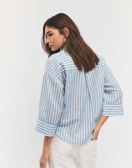 Stradivarius – Hemdbluse aus Leinenmix in Marineblau mit Kimono-Ärmeln, 4 von 4