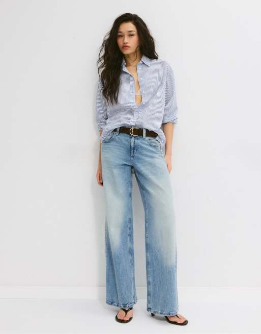 Stradivarius – Hemdbluse in Dunkelblau mit Leinenoptik, 2 von 4