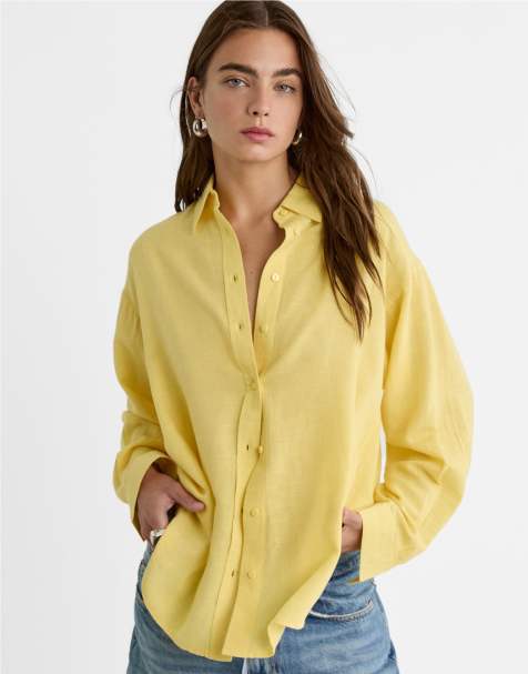 Stradivarius – Hemdbluse in Gelb mit Leinenanteil - view 1