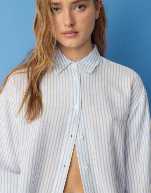 Stradivarius – Hemdbluse in Himmelblau mit Leinenoptik, 4 von 4