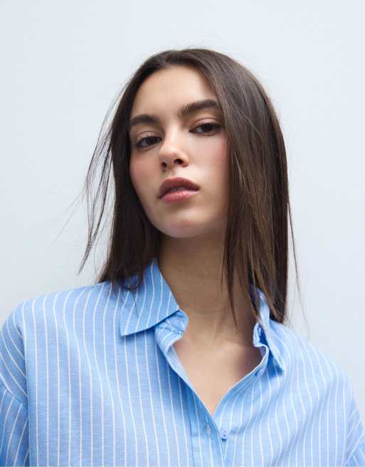 Stradivarius – Hemdbluse in Himmelblau mit Leinenoptik, 4 von 4