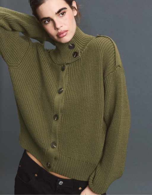 Stradivarius High-neck button-up knit cardigan in khaki, 2 of 7