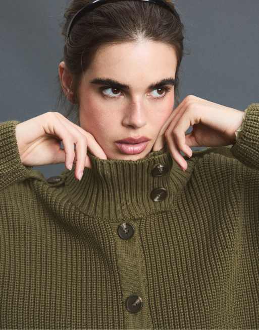 Stradivarius High-neck button-up knit cardigan in khaki, 4 of 7