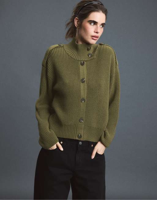 Stradivarius High-neck button-up knit cardigan in khaki, 5 of 7
