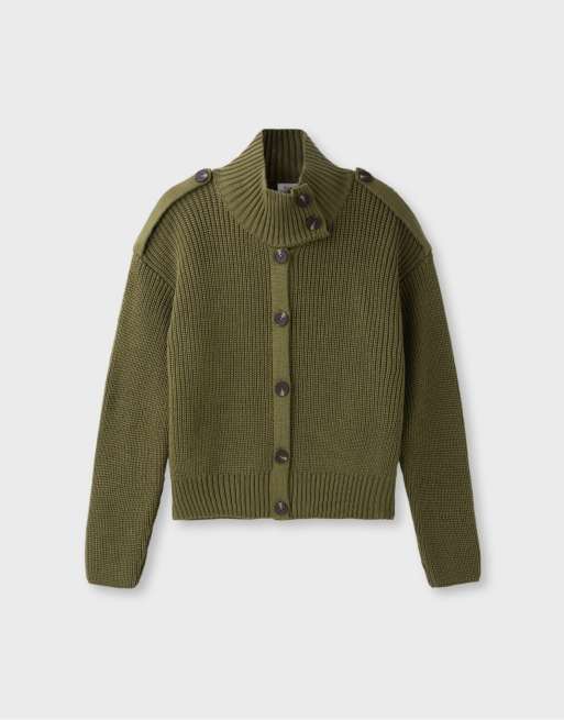 Stradivarius High-neck button-up knit cardigan in khaki, 6 of 7