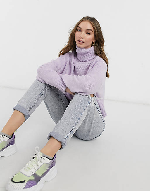 Stradivarius high neck cable knit jumper in lilac | ASOS