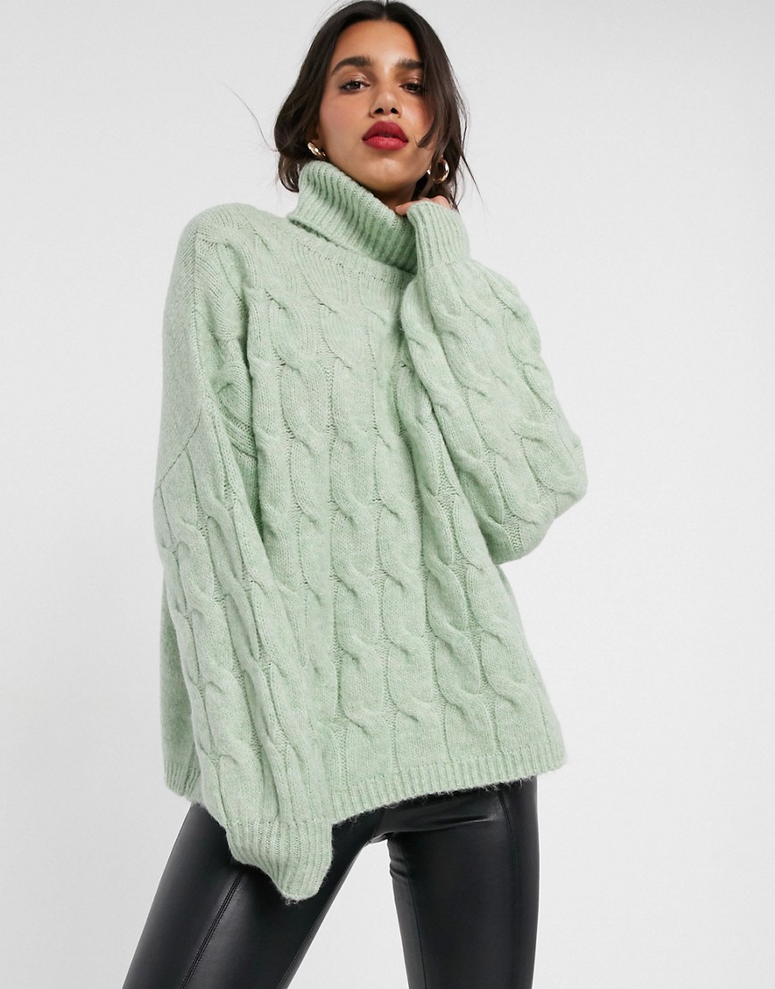 Stradivarius high neck cable knit jumper with volume sleeves in green
