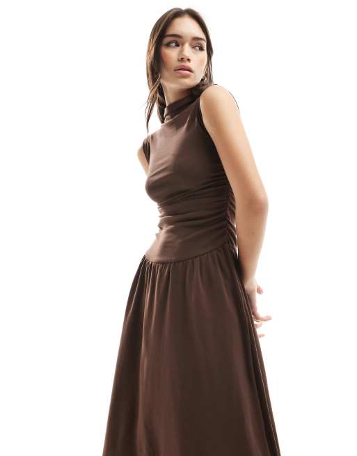 Stradivarius high neck drop waist midi dress in brown ASOS