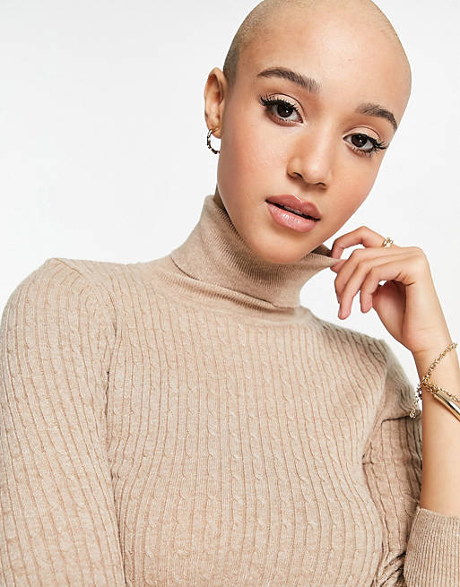  Stradivarius high neck jumper with cable knit detail in beige 