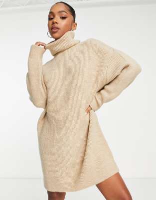 Stradivarius high neck knit dress in beige